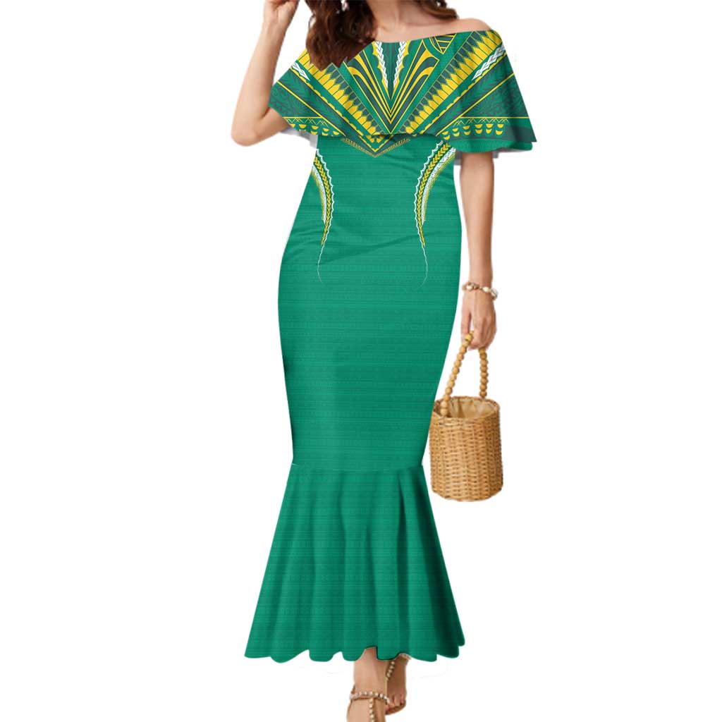 Custom Cook Islands Rugby Family Matching Mermaid Dress and Hawaiian Shirt Tatau Art Sport Style Green Color LT03 Mom's Dress Green - Polynesian Pride
