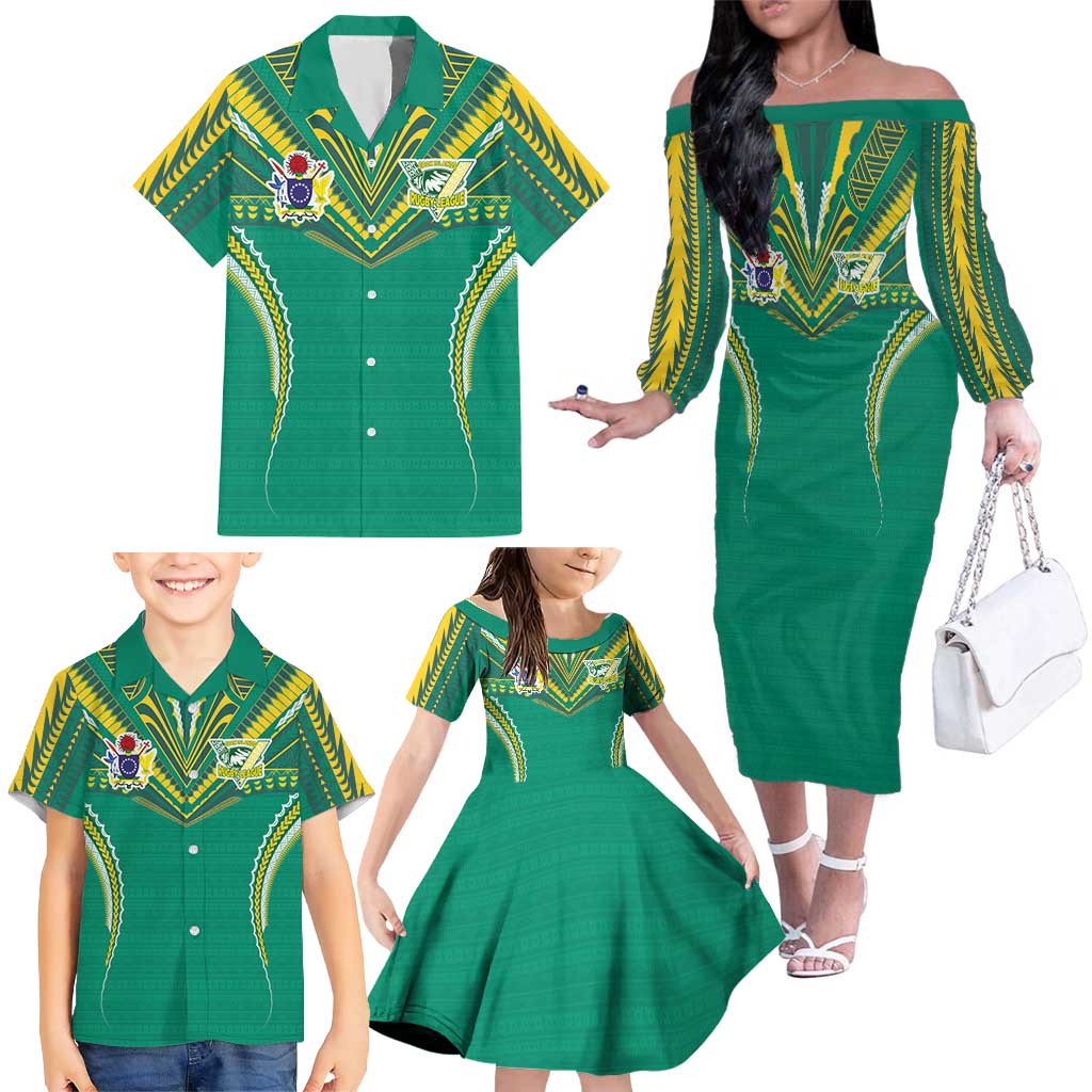Custom Cook Islands Rugby Family Matching Off The Shoulder Long Sleeve Dress and Hawaiian Shirt Tatau Art Sport Style Green Color LT03 - Polynesian Pride
