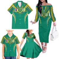Custom Cook Islands Rugby Family Matching Off The Shoulder Long Sleeve Dress and Hawaiian Shirt Tatau Art Sport Style Green Color LT03 - Polynesian Pride
