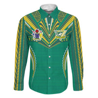 Custom Cook Islands Rugby Family Matching Off The Shoulder Long Sleeve Dress and Hawaiian Shirt Tatau Art Sport Style Green Color LT03 Dad's Shirt - Long Sleeve Green - Polynesian Pride