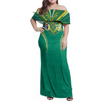 Custom Cook Islands Rugby Family Matching Off Shoulder Maxi Dress and Hawaiian Shirt Tatau Art Sport Style Green Color LT03 Mom's Dress Green - Polynesian Pride