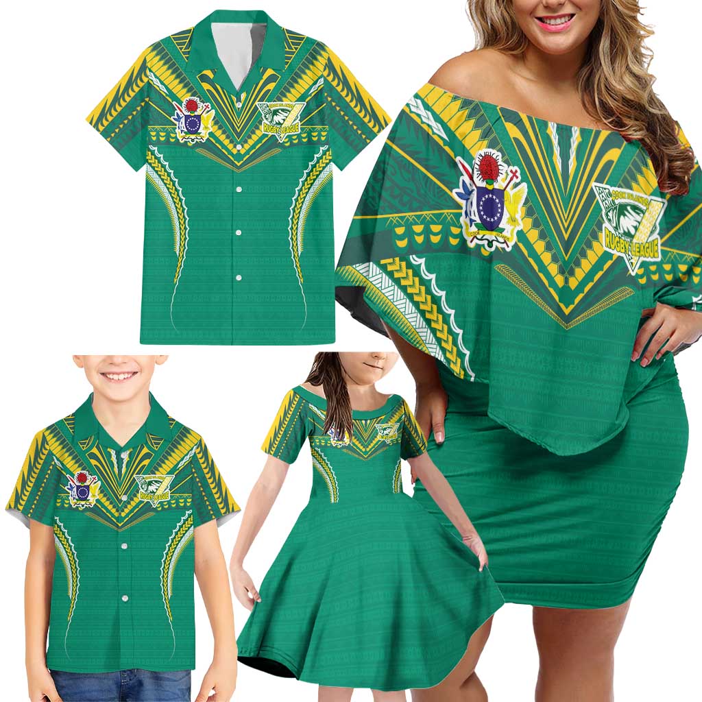 Custom Cook Islands Rugby Family Matching Off Shoulder Short Dress and Hawaiian Shirt Tatau Art Sport Style Green Color LT03 - Polynesian Pride