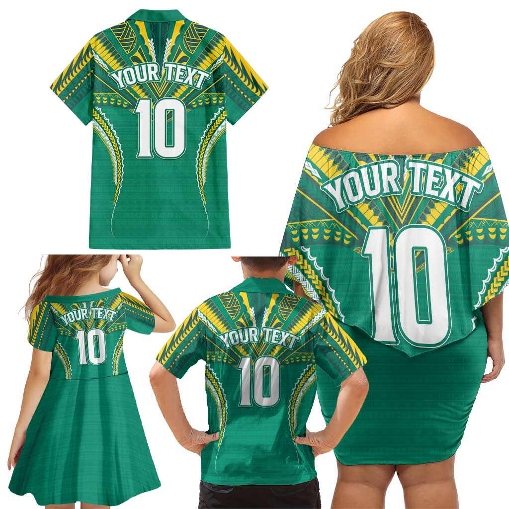 Custom Cook Islands Rugby Family Matching Off Shoulder Short Dress and Hawaiian Shirt Tatau Art Sport Style Green Color LT03 - Polynesian Pride