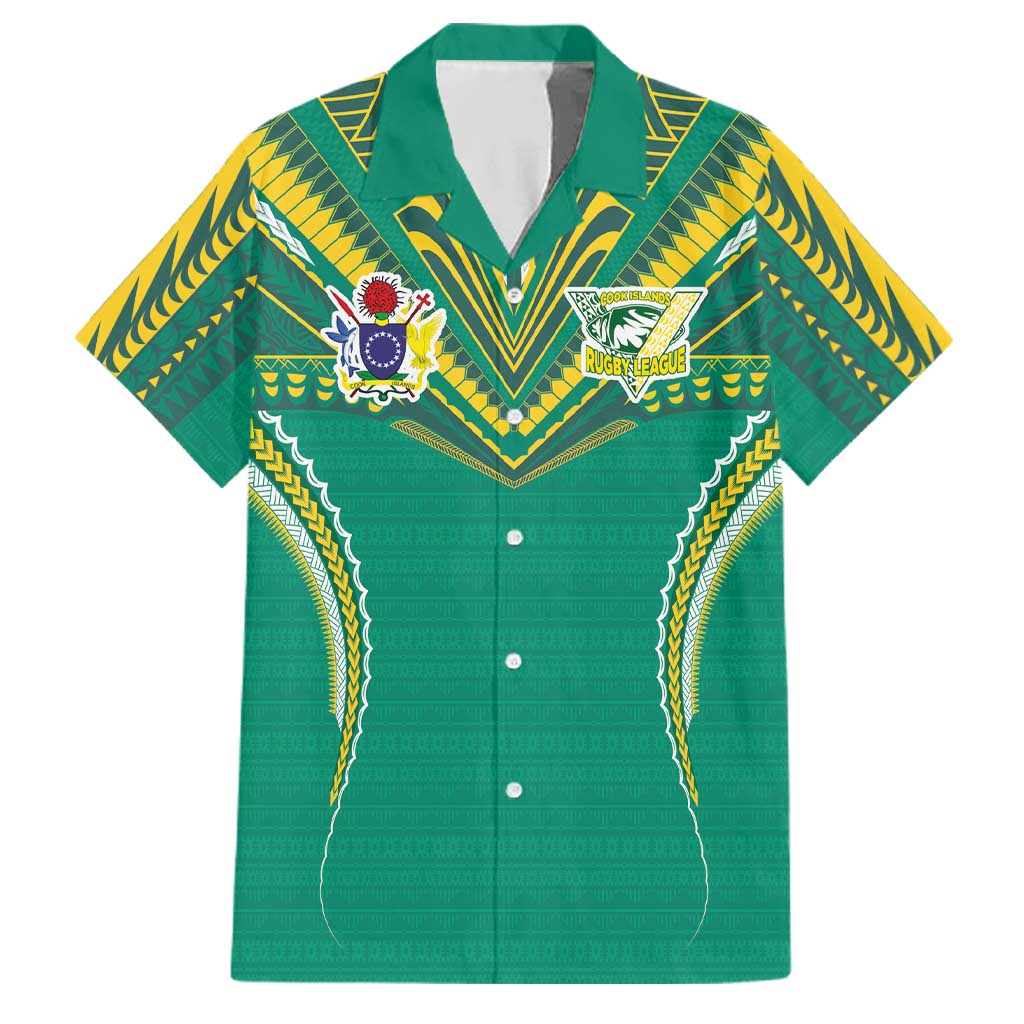 Custom Cook Islands Rugby Family Matching Off Shoulder Short Dress and Hawaiian Shirt Tatau Art Sport Style Green Color LT03 Dad's Shirt - Short Sleeve Green - Polynesian Pride