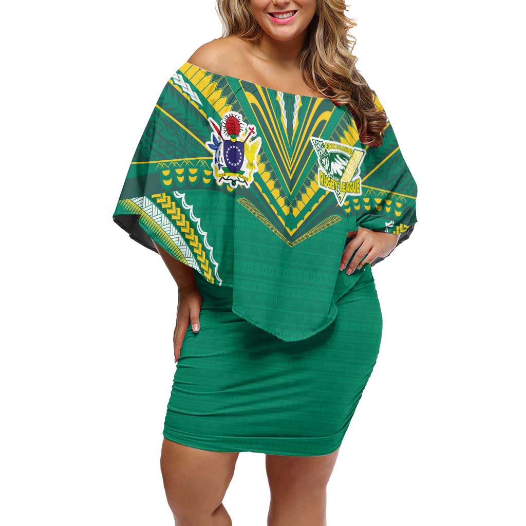 Custom Cook Islands Rugby Family Matching Off Shoulder Short Dress and Hawaiian Shirt Tatau Art Sport Style Green Color LT03 Mom's Dress Green - Polynesian Pride