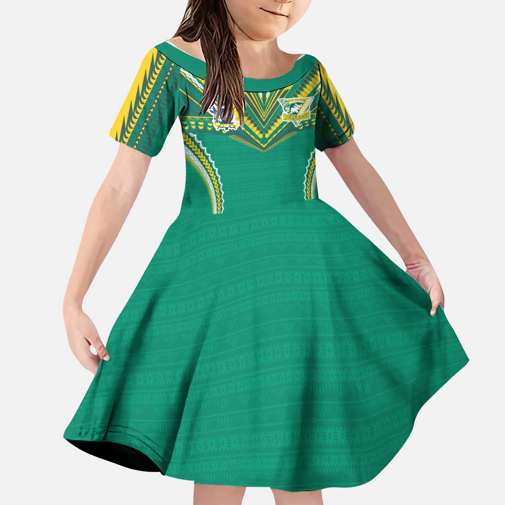 Custom Cook Islands Rugby Family Matching Short Sleeve Bodycon Dress and Hawaiian Shirt Tatau Art Sport Style Green Color LT03 Daughter's Dress Green - Polynesian Pride