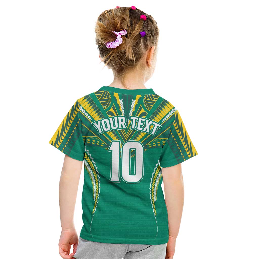Custom Cook Islands Rugby Kid T Shirt Tatau Art Sport Style Green Color LT03 - Polynesian Pride