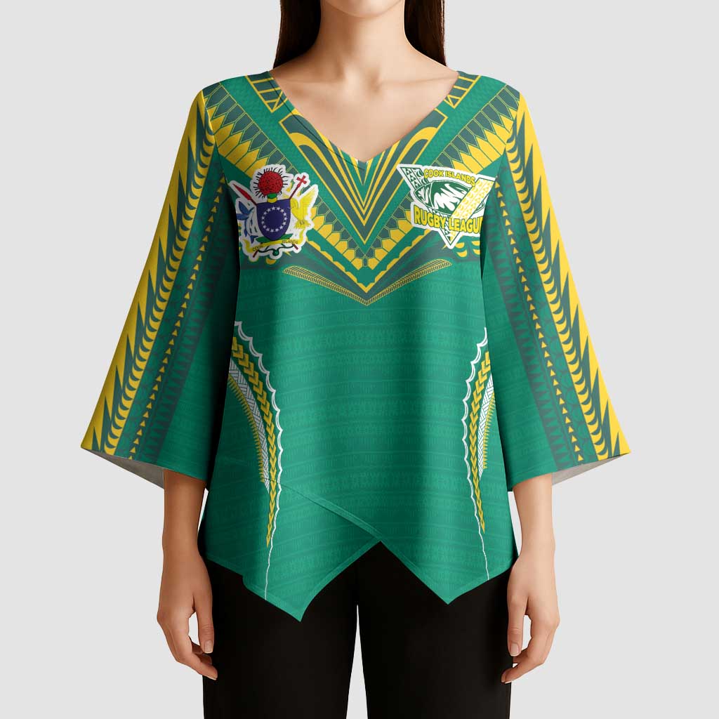 Custom Cook Islands Rugby Kimono Sleeve Blouse Tatau Art Sport Style Green Color LT03 - Polynesian Pride