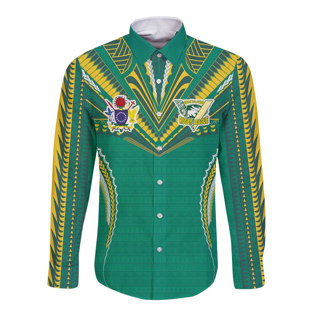 Custom Cook Islands Rugby Long Sleeve Button Shirt Tatau Art Sport Style Green Color
