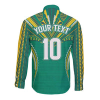 Custom Cook Islands Rugby Long Sleeve Button Shirt Tatau Art Sport Style Green Color