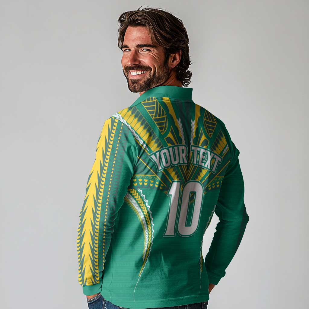 Custom Cook Islands Rugby Long Sleeve Polo Shirt Tatau Art Sport Style Green Color LT03 - Polynesian Pride