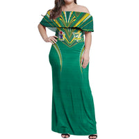 Custom Cook Islands Rugby Off Shoulder Maxi Dress Tatau Art Sport Style Green Color LT03 Women Green - Polynesian Pride