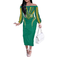 Custom Cook Islands Rugby Off The Shoulder Long Sleeve Dress Tatau Art Sport Style Green Color LT03 Women Green - Polynesian Pride