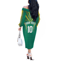 Custom Cook Islands Rugby Off The Shoulder Long Sleeve Dress Tatau Art Sport Style Green Color LT03 - Polynesian Pride