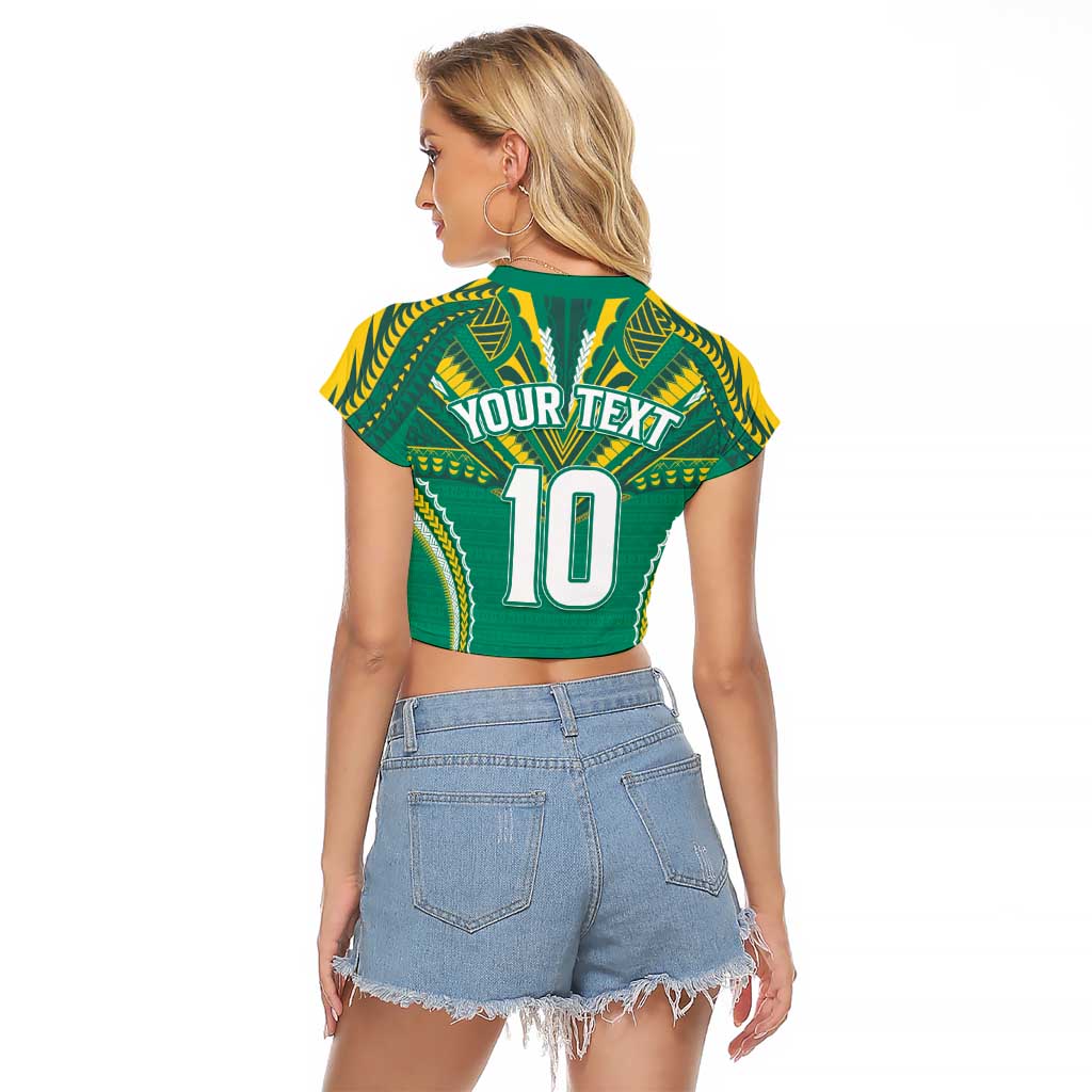 Custom Cook Islands Rugby Raglan Cropped T Shirt Tatau Art Sport Style Green Color LT03 - Polynesian Pride