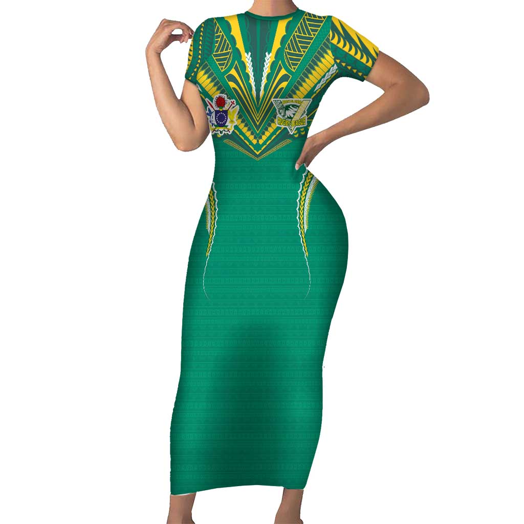 Custom Cook Islands Rugby Short Sleeve Bodycon Dress Tatau Art Sport Style Green Color LT03 Long Dress Green - Polynesian Pride