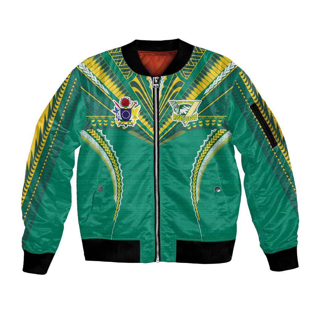 Custom Cook Islands Rugby Sleeve Zip Bomber Jacket Tatau Art Sport Style Green Color