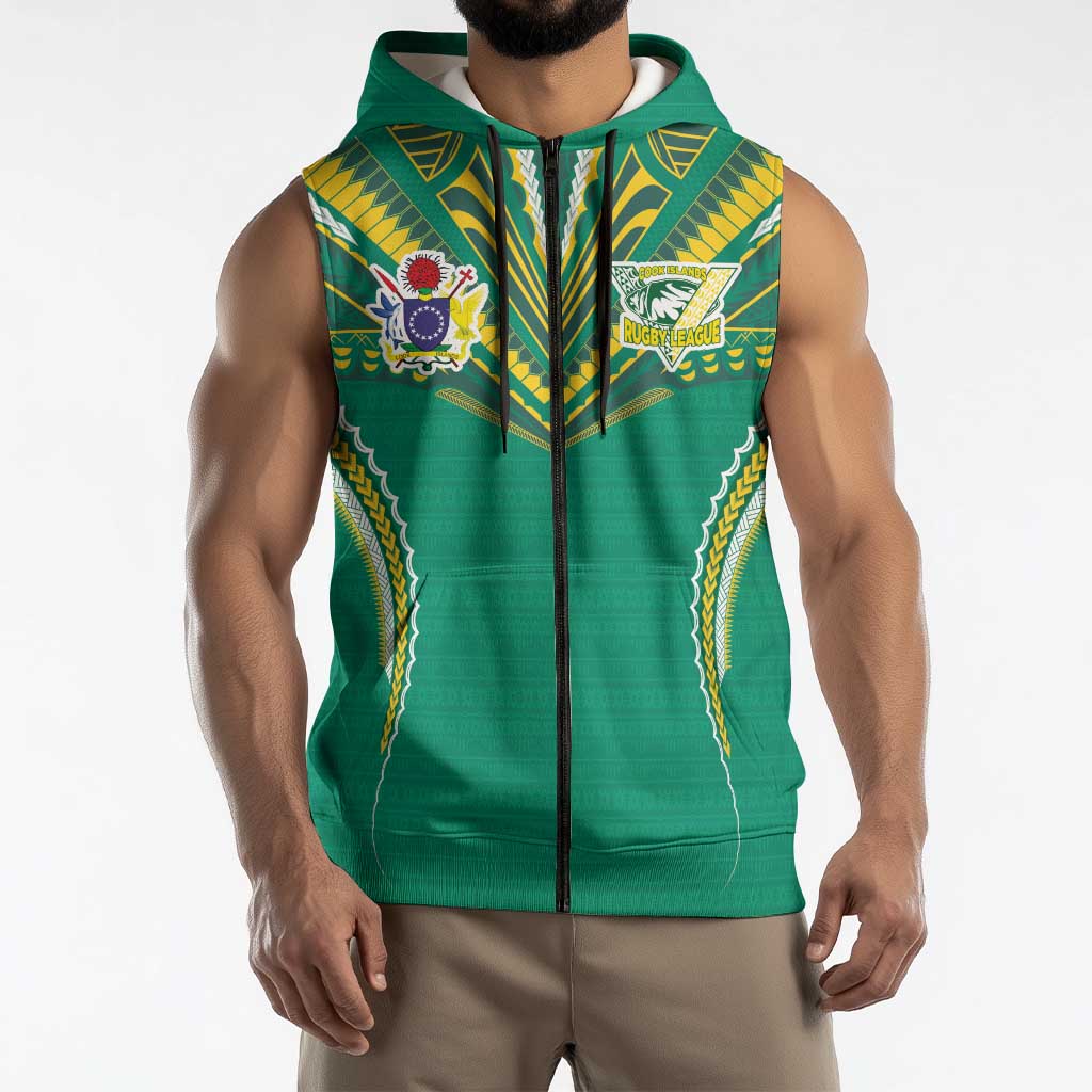 Custom Cook Islands Rugby Sleeveless Zip Hoodie Tatau Art Sport Style Green Color LT03 - Polynesian Pride