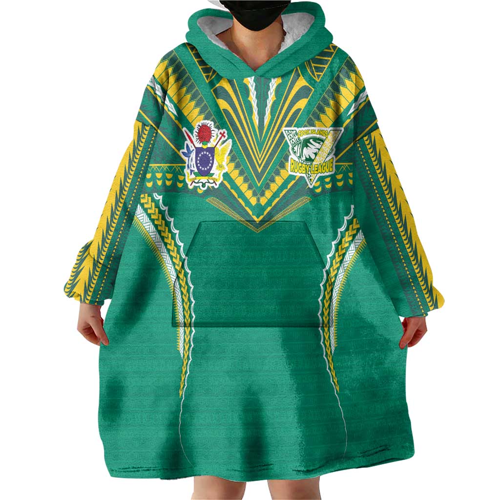 Custom Cook Islands Rugby Wearable Blanket Hoodie Tatau Art Sport Style Green Color LT03 - Polynesian Pride