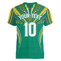 Custom Cook Islands Rugby Women V-Neck T-Shirt Tatau Art Sport Style Green Color LT03 - Polynesian Pride