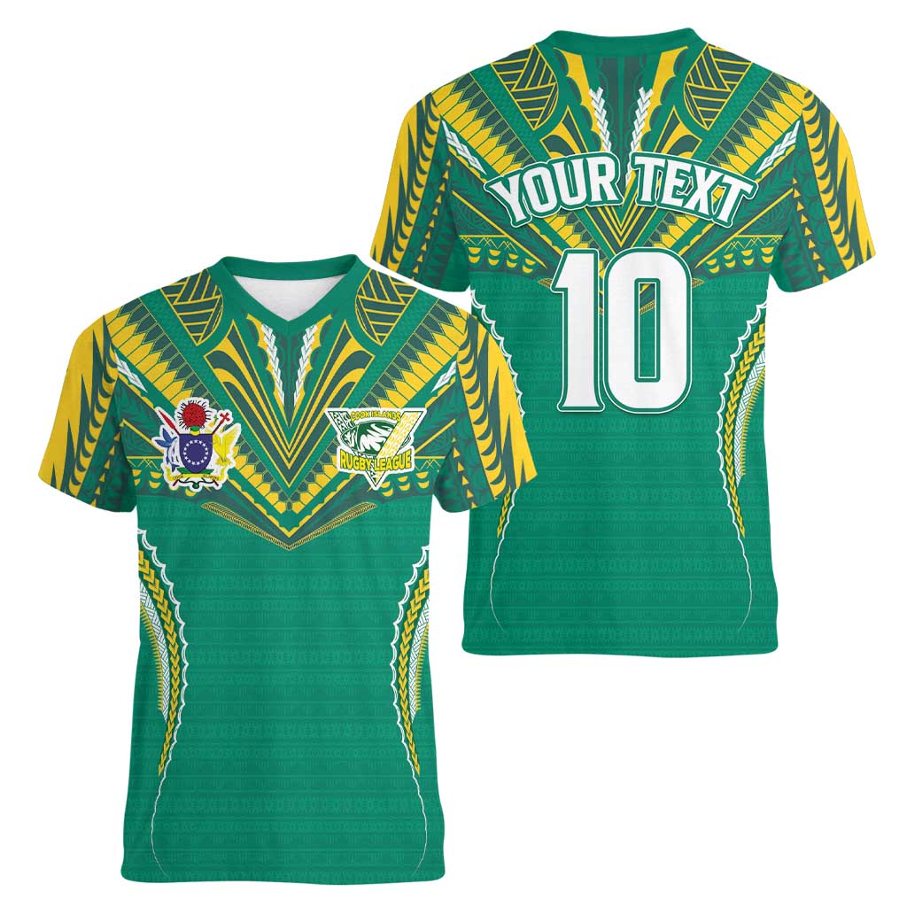 Custom Cook Islands Rugby Women V-Neck T-Shirt Tatau Art Sport Style Green Color LT03 - Polynesian Pride