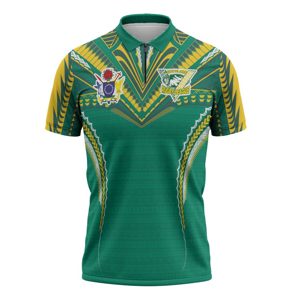 Custom Cook Islands Rugby Zipper Polo Shirt Tatau Art Sport Style Green Color LT03 Green - Polynesian Pride