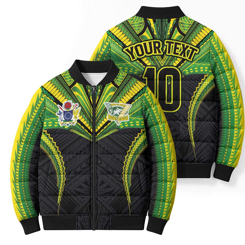 Custom Cook Islands Rugby Bomber Puffer Jacket Tatau Art Sport Style Black Color