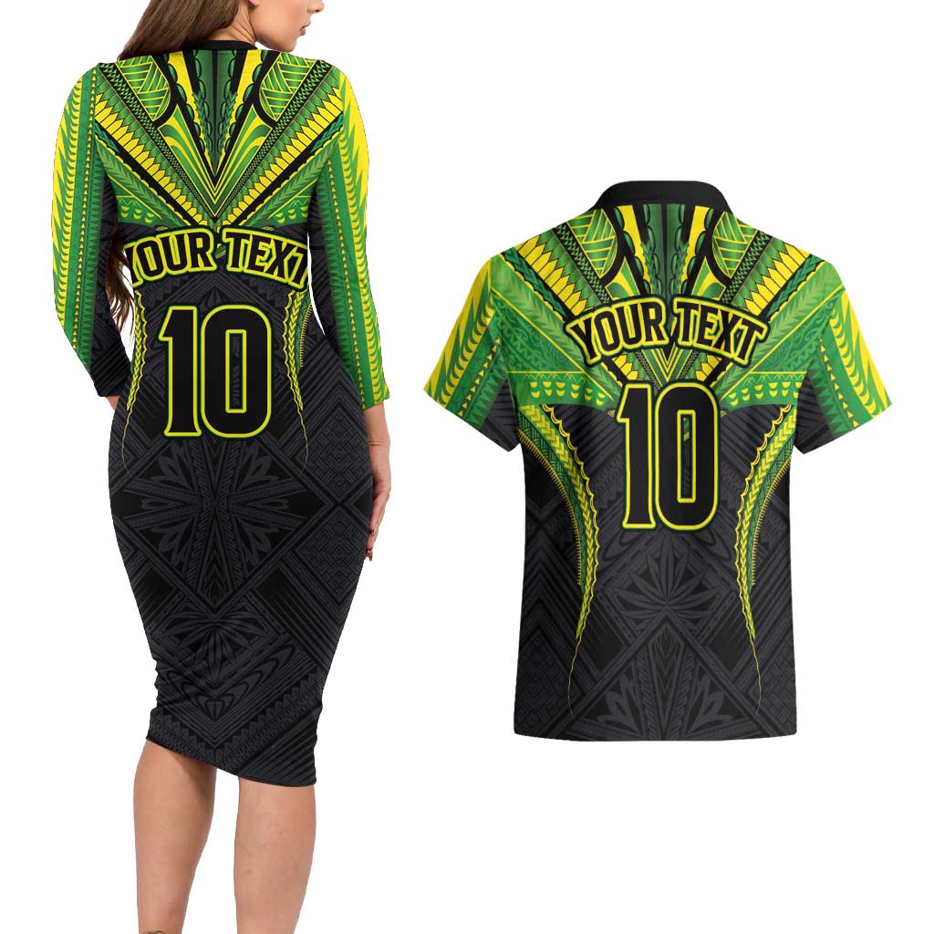Custom Cook Islands Rugby Couples Matching Long Sleeve Bodycon Dress and Hawaiian Shirt Tatau Art Sport Style Black Color LT03 - Polynesian Pride
