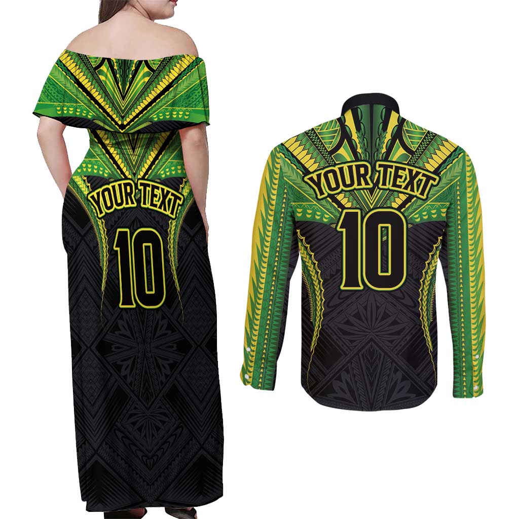 Custom Cook Islands Rugby Couples Matching Off Shoulder Maxi Dress and Long Sleeve Button Shirt Tatau Art Sport Style Black Color LT03 - Polynesian Pride