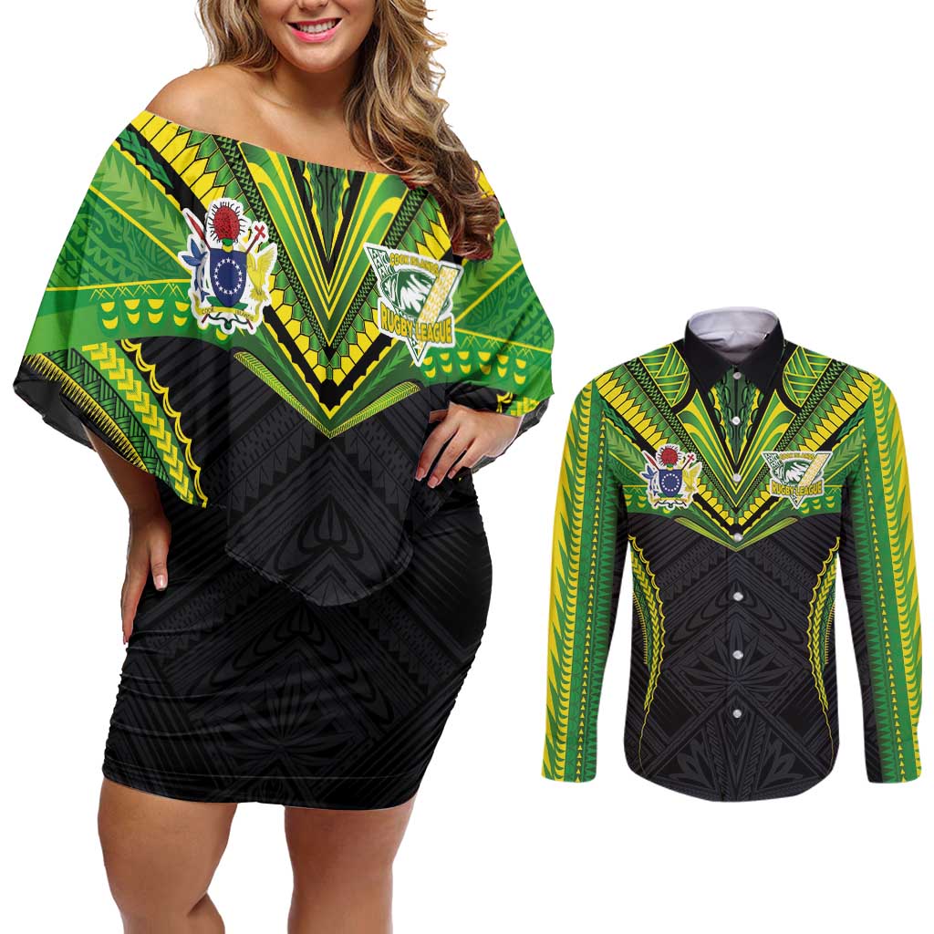 Custom Cook Islands Rugby Couples Matching Off Shoulder Short Dress and Long Sleeve Button Shirt Tatau Art Sport Style Black Color