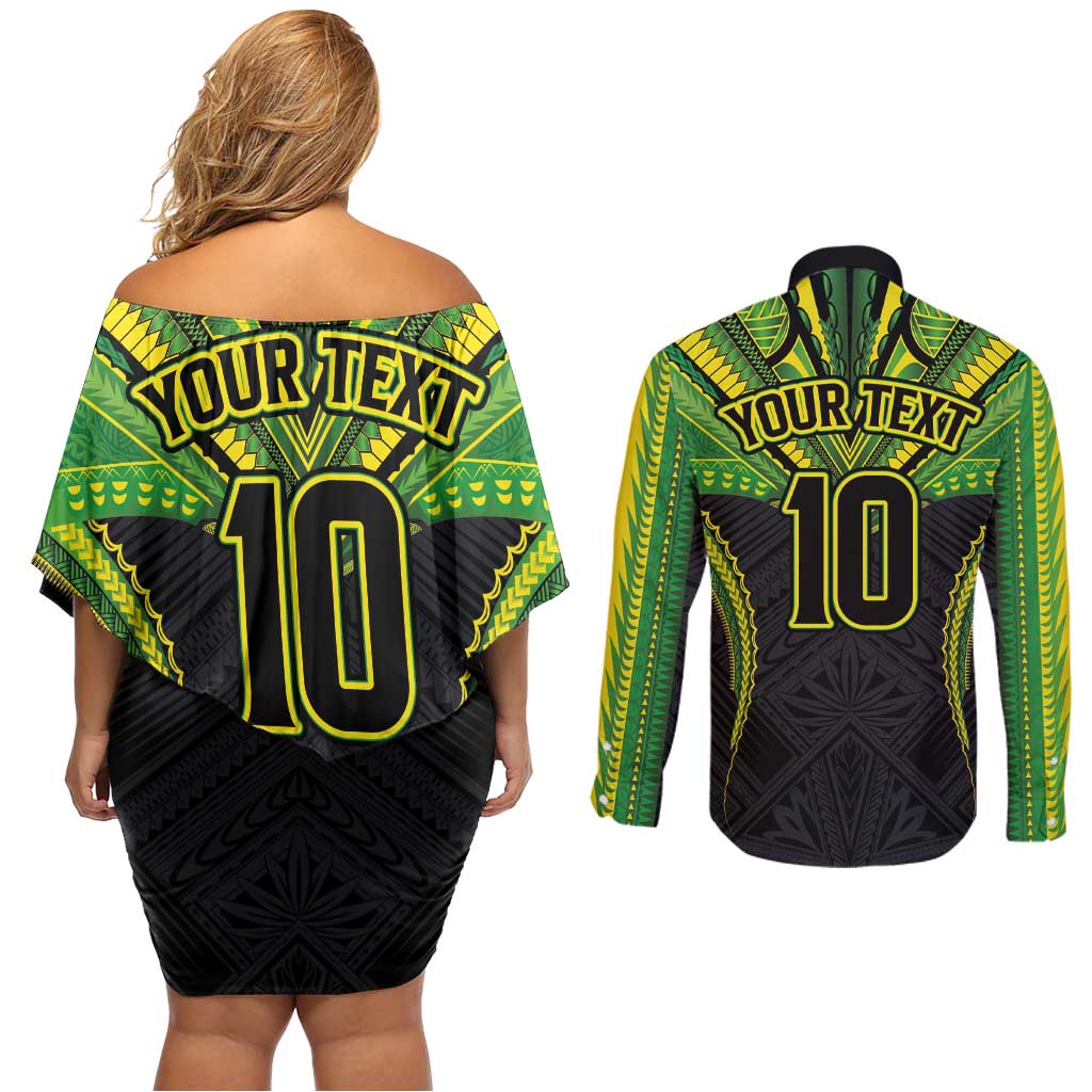 Custom Cook Islands Rugby Couples Matching Off Shoulder Short Dress and Long Sleeve Button Shirt Tatau Art Sport Style Black Color LT03 - Polynesian Pride