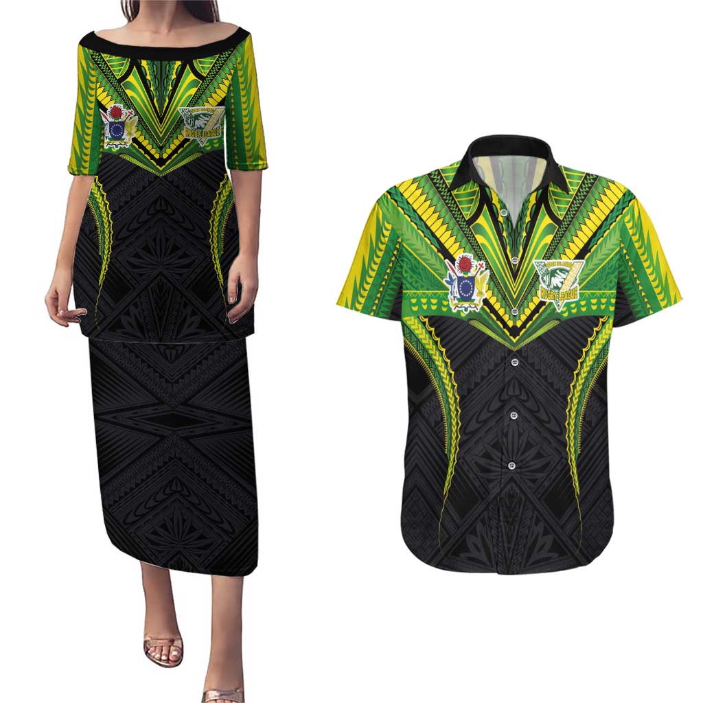 Custom Cook Islands Rugby Couples Matching Puletasi and Hawaiian Shirt Tatau Art Sport Style Black Color LT03 Black - Polynesian Pride