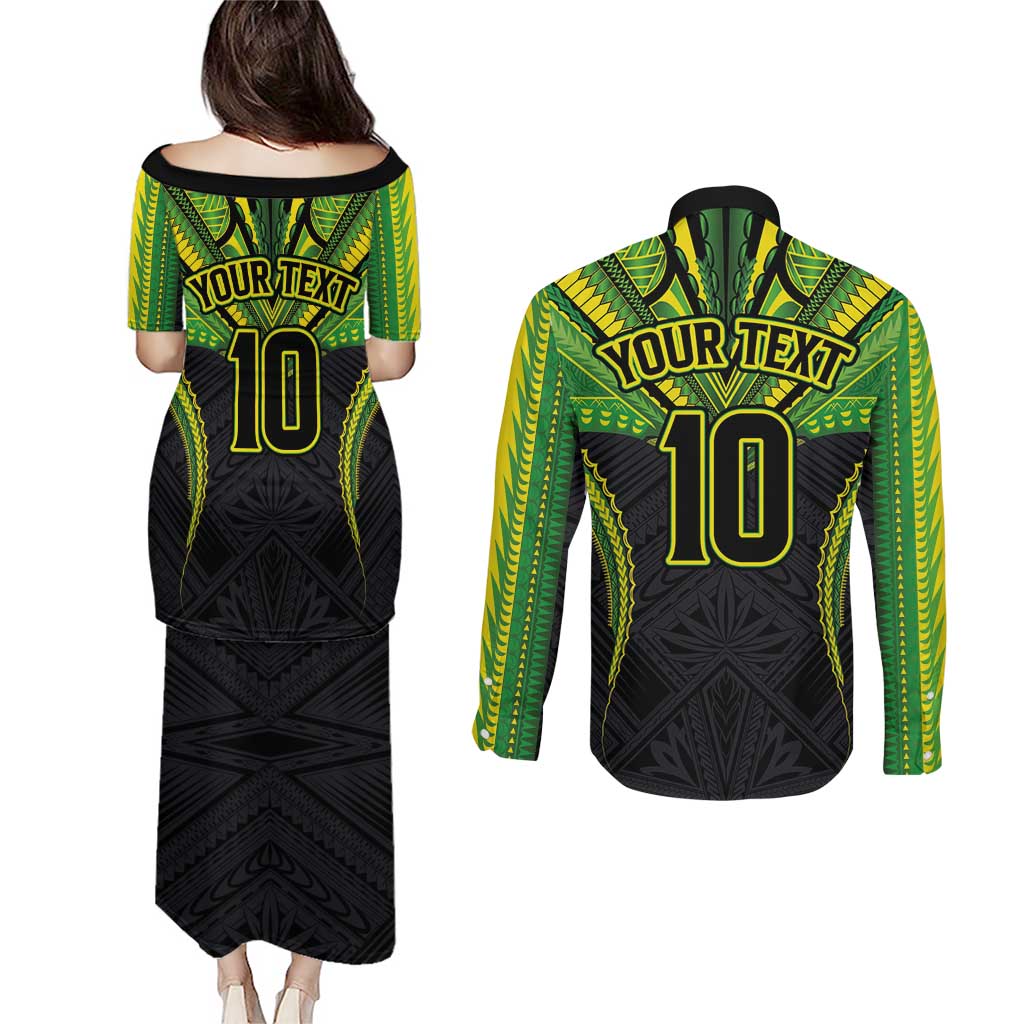 Custom Cook Islands Rugby Couples Matching Puletasi and Long Sleeve Button Shirt Tatau Art Sport Style Black Color LT03 - Polynesian Pride