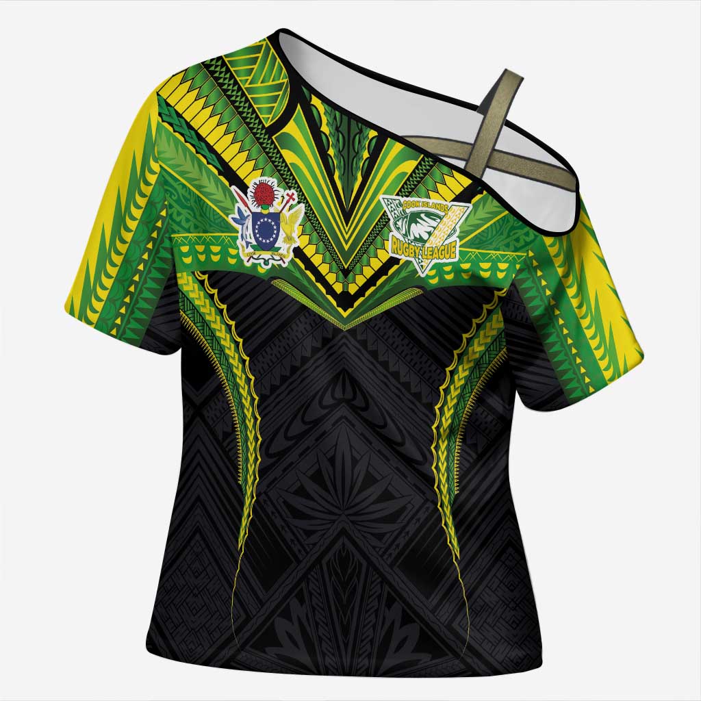 Custom Cook Islands Rugby Cross Shoulder Shirt Tatau Art Sport Style Black Color