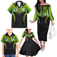 Custom Cook Islands Rugby Family Matching Off The Shoulder Long Sleeve Dress and Hawaiian Shirt Tatau Art Sport Style Black Color LT03 - Polynesian Pride