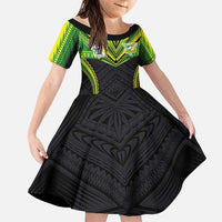 Custom Cook Islands Rugby Family Matching Off Shoulder Short Dress and Hawaiian Shirt Tatau Art Sport Style Black Color LT03 Daughter's Dress Black - Polynesian Pride