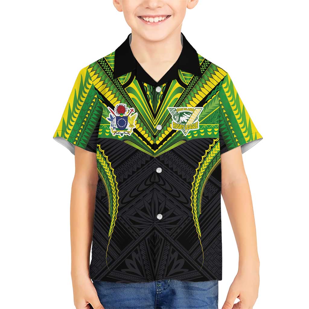 Custom Cook Islands Rugby Family Matching Off Shoulder Short Dress and Hawaiian Shirt Tatau Art Sport Style Black Color LT03 Son's Shirt Black - Polynesian Pride