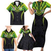 Custom Cook Islands Rugby Family Matching Short Sleeve Bodycon Dress and Hawaiian Shirt Tatau Art Sport Style Black Color LT03 - Polynesian Pride