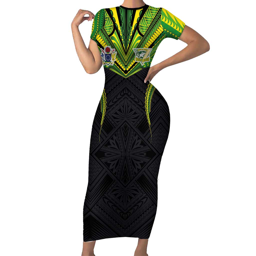 Custom Cook Islands Rugby Family Matching Short Sleeve Bodycon Dress and Hawaiian Shirt Tatau Art Sport Style Black Color LT03 Mom's Dress Black - Polynesian Pride