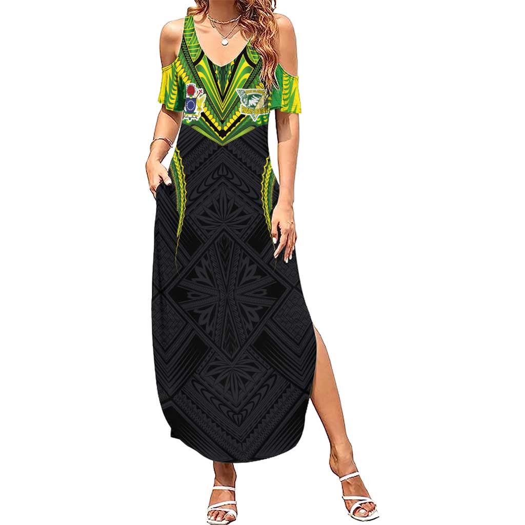 Custom Cook Islands Rugby Family Matching Summer Maxi Dress and Hawaiian Shirt Tatau Art Sport Style Black Color LT03 Mom's Dress Black - Polynesian Pride