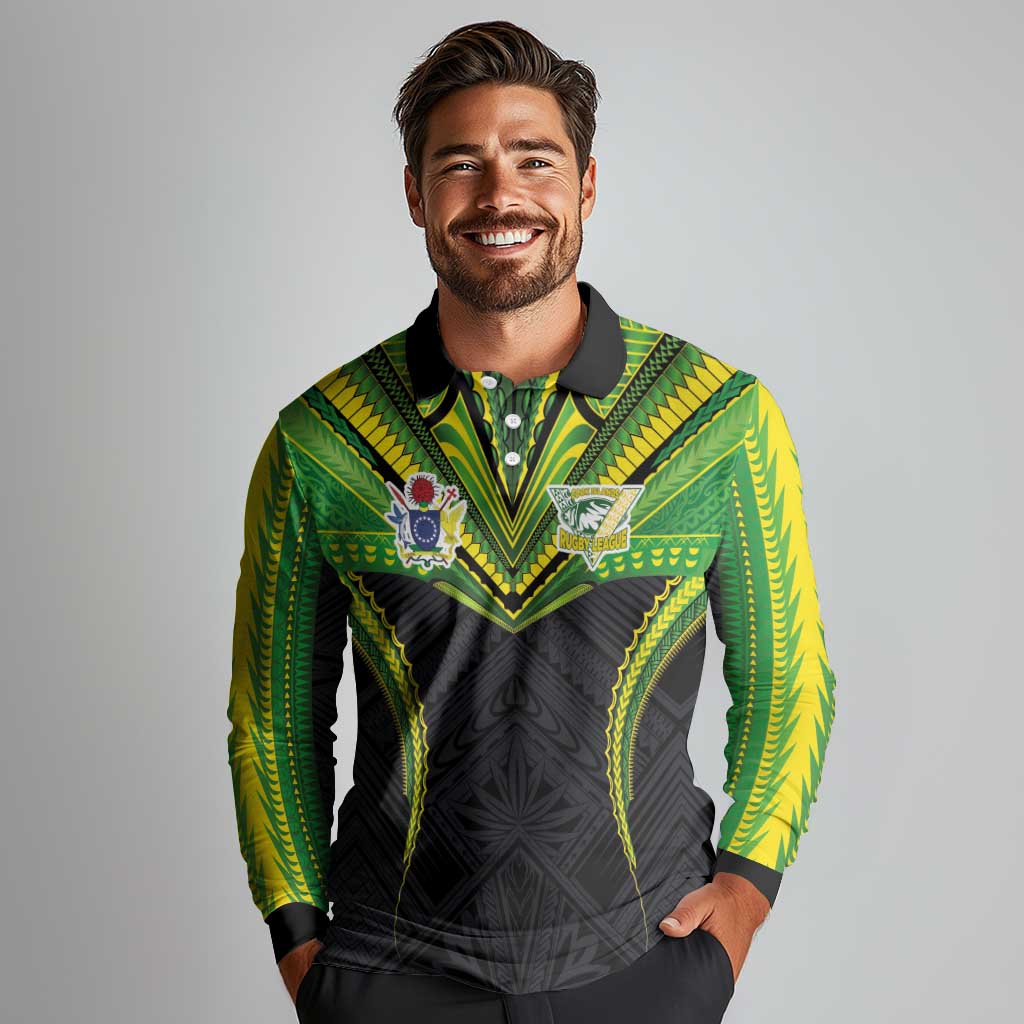 Custom Cook Islands Rugby Long Sleeve Polo Shirt Tatau Art Sport Style Black Color LT03 - Polynesian Pride