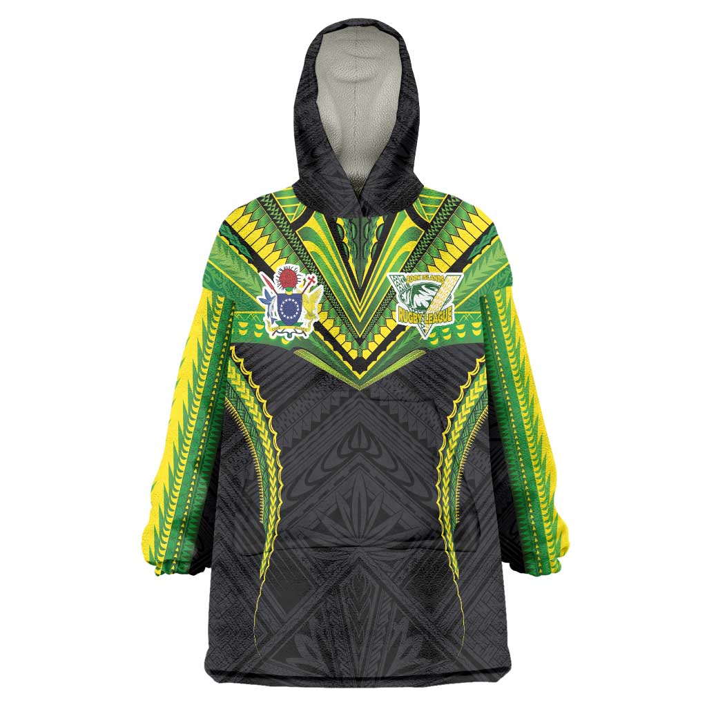 Custom Cook Islands Rugby Wearable Blanket Hoodie Tatau Art Sport Style Black Color LT03 One Size Black - Polynesian Pride