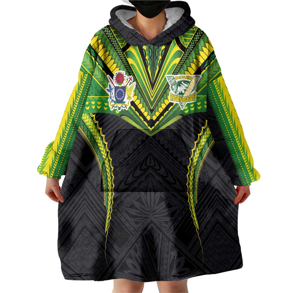 Custom Cook Islands Rugby Wearable Blanket Hoodie Tatau Art Sport Style Black Color LT03 - Polynesian Pride