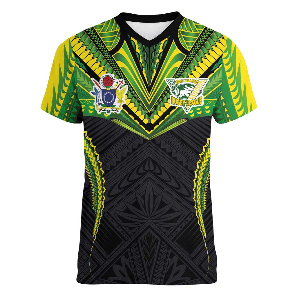 Custom Cook Islands Rugby Women V-Neck T-Shirt Tatau Art Sport Style Black Color LT03 Female Black - Polynesian Pride