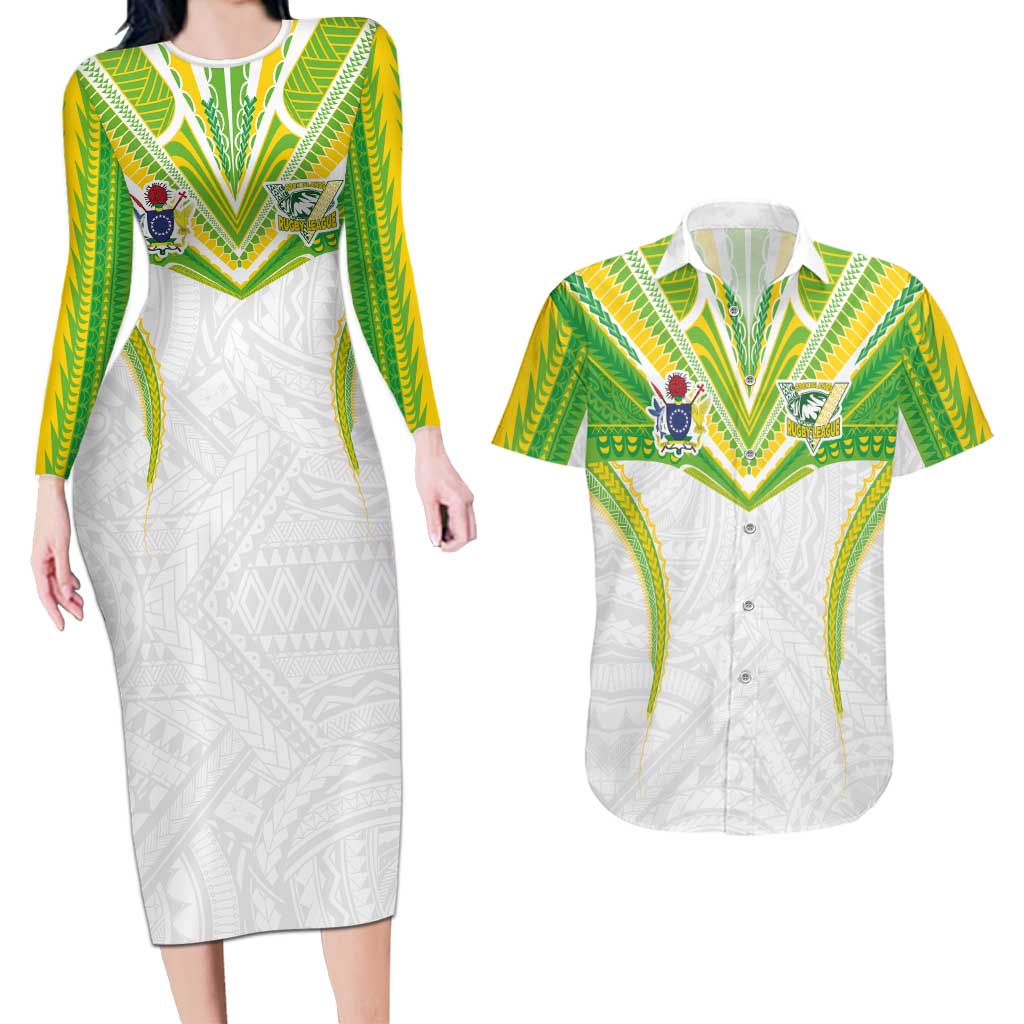 Custom Cook Islands Rugby Couples Matching Long Sleeve Bodycon Dress and Hawaiian Shirt Tatau Art Sport Style White Color LT03 White - Polynesian Pride