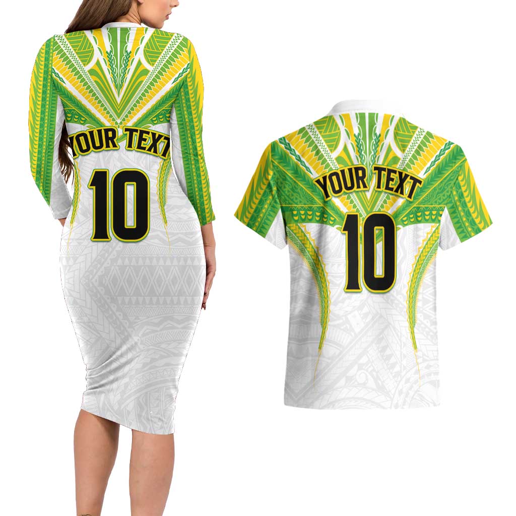 Custom Cook Islands Rugby Couples Matching Long Sleeve Bodycon Dress and Hawaiian Shirt Tatau Art Sport Style White Color LT03 - Polynesian Pride