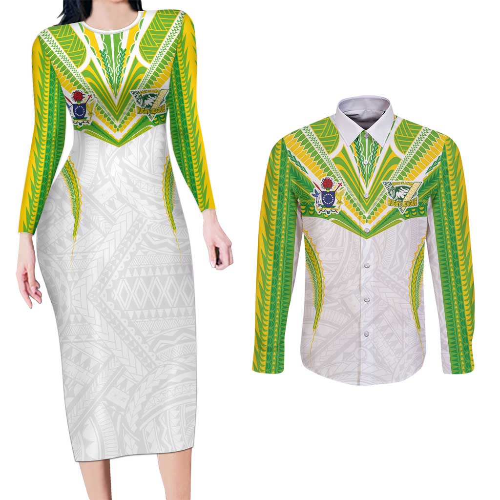 Custom Cook Islands Rugby Couples Matching Long Sleeve Bodycon Dress and Long Sleeve Button Shirt Tatau Art Sport Style White Color LT03 White - Polynesian Pride