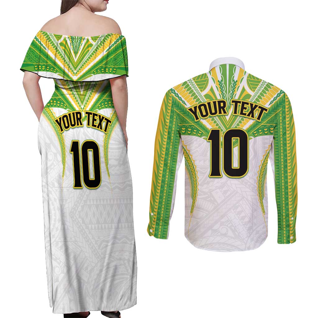 Custom Cook Islands Rugby Couples Matching Off Shoulder Maxi Dress and Long Sleeve Button Shirt Tatau Art Sport Style White Color LT03 - Polynesian Pride