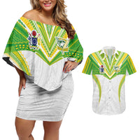 Custom Cook Islands Rugby Couples Matching Off Shoulder Short Dress and Hawaiian Shirt Tatau Art Sport Style White Color LT03 White - Polynesian Pride