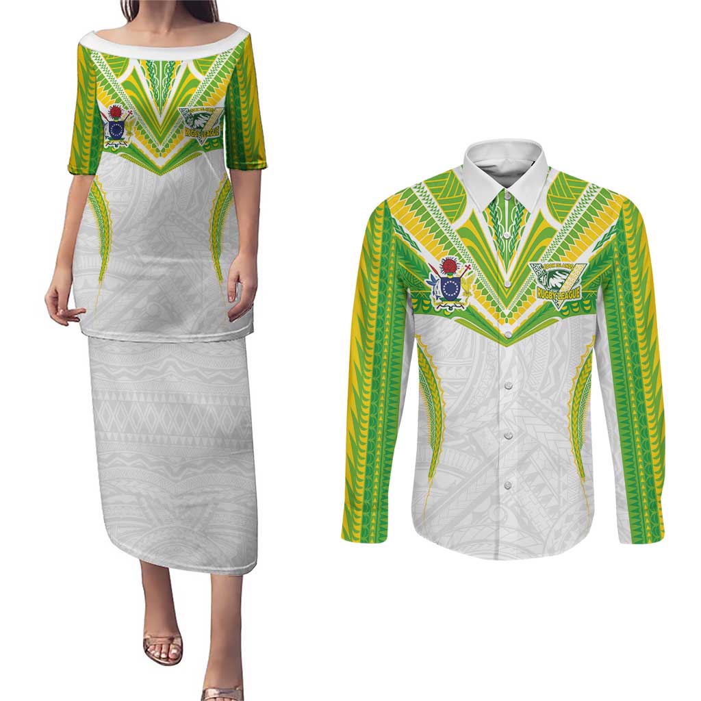 Custom Cook Islands Rugby Couples Matching Puletasi and Long Sleeve Button Shirt Tatau Art Sport Style White Color LT03 White - Polynesian Pride